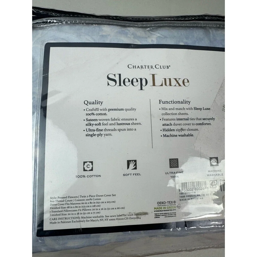 Charter Club Sleep Luxe 800 TC Twin  Printed Cotton 2 Pc. Duvet Cover Set